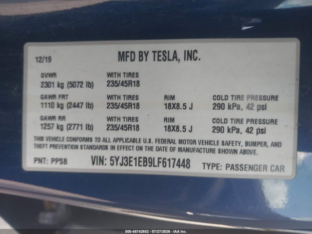 Продажа на аукционе авто 2020 Tesla Model 3 Long Range Dual Motor All-wheel Drive, vin: 5YJ3E1EB9LF617448, номер лота: 45742852