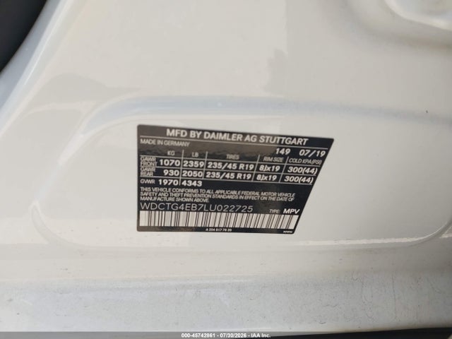 Aukcja sprzedaży 2020 Mercedes-benz Gla 250, vin: WDCTG4EB7LU022725, numer aukcji: 45742861