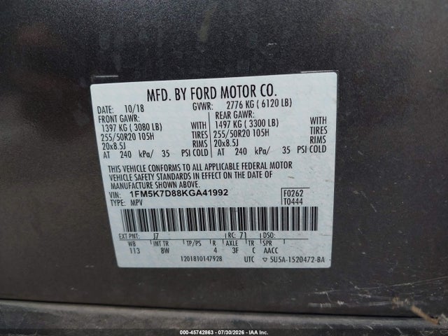 45742863 :رقم المزاد ، 1FM5K7D88KGA41992 vin ، 2019 Ford Explorer Xlt مزاد بيع