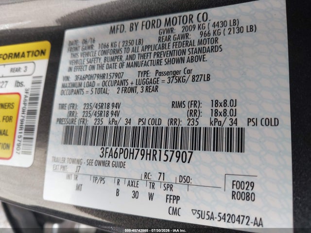 Ford FUSION SE 2017 3FA6P0H79HR157907 Image 9