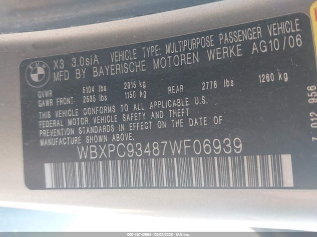 Продажа на аукционе авто 2007 Bmw X3 3.0si, vin: WBXPC93487WF06939, номер лота: 45742864