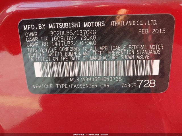 45742871 :رقم المزاد ، ML32A3HJ5FH043735 vin ، 2015 Mitsubishi Mirage De مزاد بيع