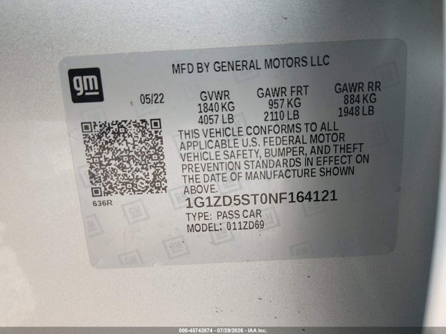 Продаж на аукціоні авто 2022 Chevrolet Malibu Fwd Lt, vin: 1G1ZD5ST0NF164121, номер лоту: 45742874