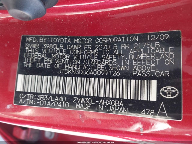 45742887 :رقم المزاد ، JTDKN3DU6A0099126 vin ، 2010 Toyota Prius Iv مزاد بيع