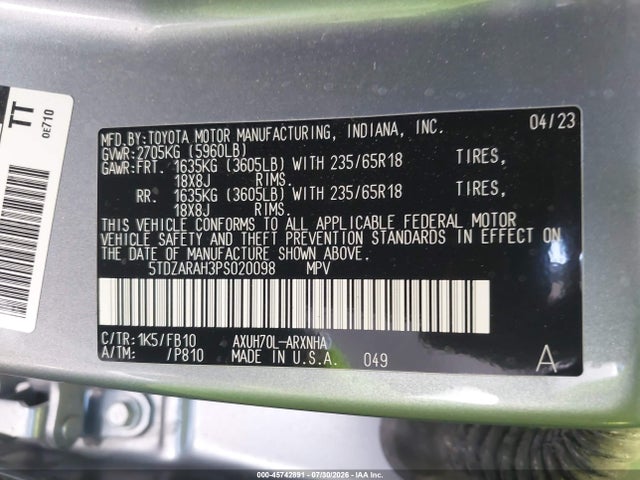 5TDZARAH3PS020098 Toyota Highlander Hybrid Le