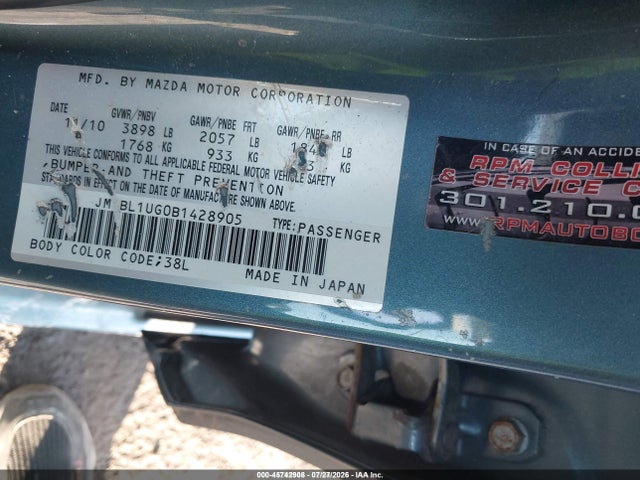 45742908 :رقم المزاد ، JM1BL1UG0B1428905 vin ، 2011 Mazda Mazda3 I Sport مزاد بيع