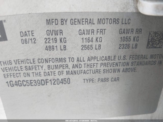 Продаж на аукціоні авто 2013 Buick Lacrosse Leather Group, vin: 1G4GC5E39DF120450, номер лоту: 45742916