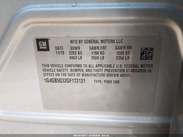 2016 Buick Lacrosse Leather მანქანა იყიდება აუქციონზე, vin: 1G4GB5G32GF172121, აუქციონის ნომერი: 45742917