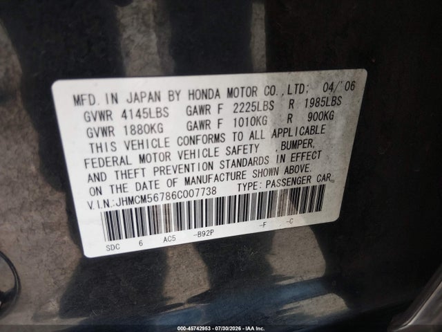 Auction sale of the 2006 Honda Accord 2.4 Ex, vin: JHMCM56786C007738, lot number: 45742953