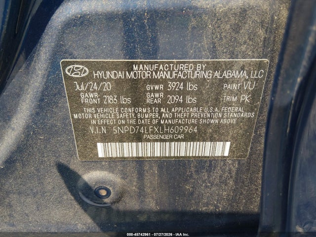 2020 Hyundai Elantra Se მანქანა იყიდება აუქციონზე, vin: 5NPD74LFXLH609964, აუქციონის ნომერი: 45742961