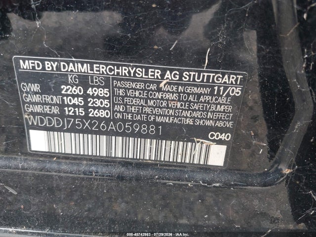 45742983 :رقم المزاد ، WDDDJ75X26A059881 vin ، 2006 Mercedes-benz Cls 500 مزاد بيع