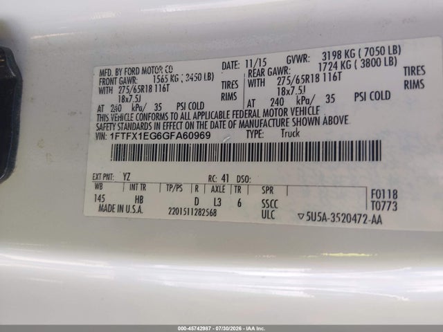 2016 Ford F-150 Lariat მანქანა იყიდება აუქციონზე, vin: 1FTFX1EG6GFA60969, აუქციონის ნომერი: 45742987