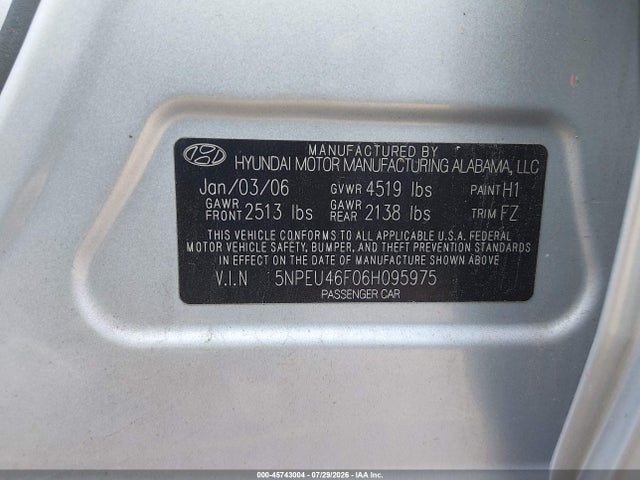 Продаж на аукціоні авто 2006 Hyundai Sonata Gls V6/lx V6, vin: 5NPEU46F06H095975, номер лоту: 45743004