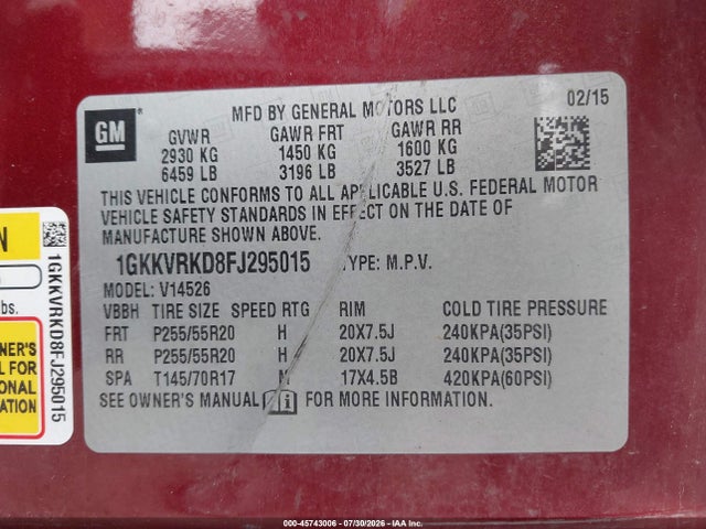 Продаж на аукціоні авто 2015 Gmc Acadia Slt, vin: 1GKKVRKD8FJ295015, номер лоту: 45743006