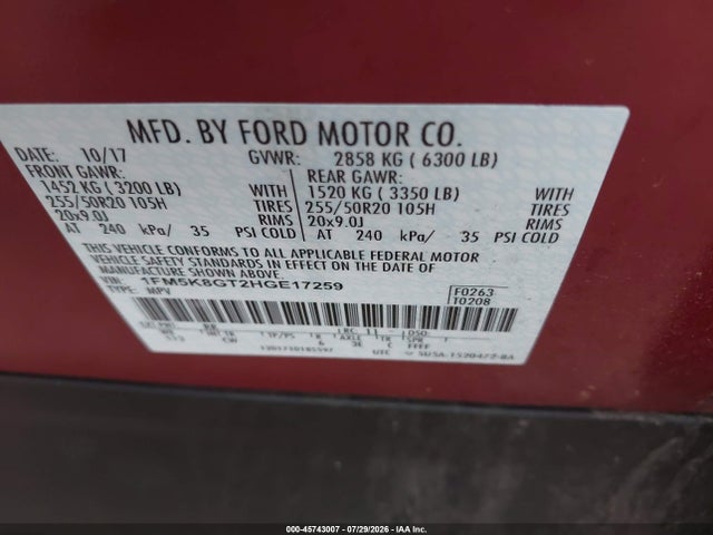 1FM5K8GT2HGE17259 Ford EXPLORER SPORT