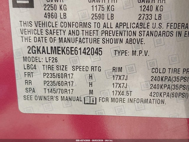 Aukcja sprzedaży 2014 Gmc Terrain Sle-1, vin: 2GKALMEK6E6142045, numer aukcji: 45743008