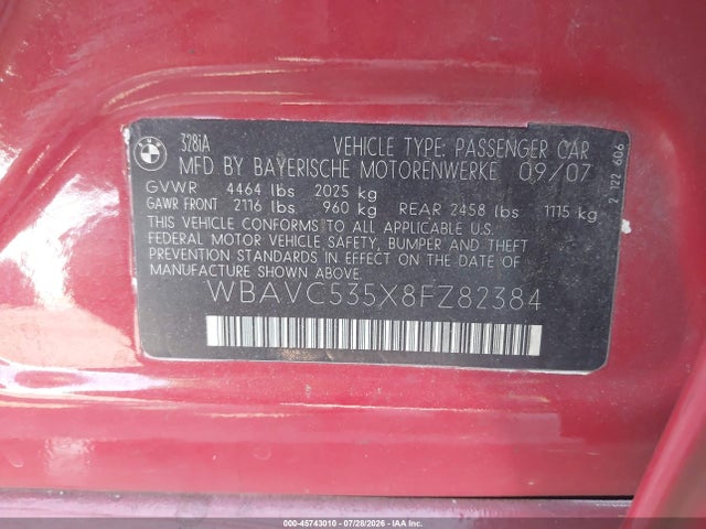 2008 Bmw 328i მანქანა იყიდება აუქციონზე, vin: WBAVC535X8FZ82384, აუქციონის ნომერი: 45743010