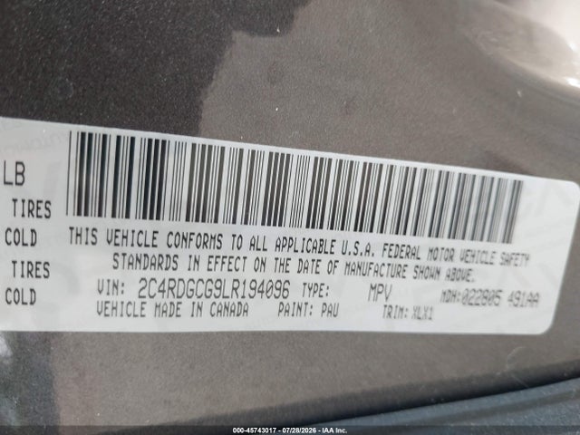 45743017 :رقم المزاد ، 2C4RDGCG9LR194096 vin ، 2020 Dodge Grand Caravan Sxt مزاد بيع