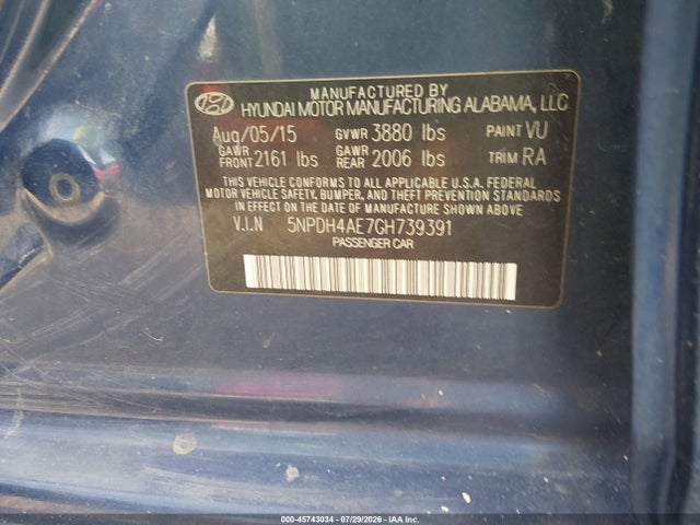 Продажа на аукционе авто 2016 Hyundai Elantra Se, vin: 5NPDH4AE7GH739391, номер лота: 45743034