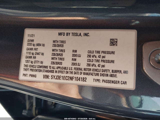 Tesla Model 3 Performance Dual Motor All-wheel Drive 2022 5YJ3E1EC2NF104182 Image 9