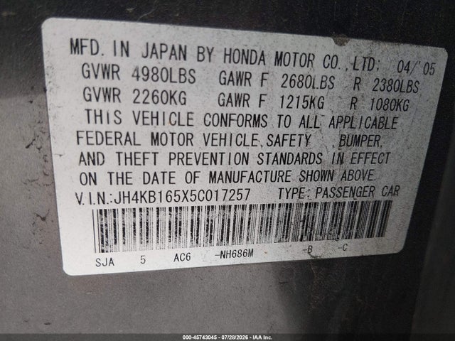 45743045 :رقم المزاد ، JH4KB165X5C017257 vin ، 2005 Acura Rl 3.5 مزاد بيع