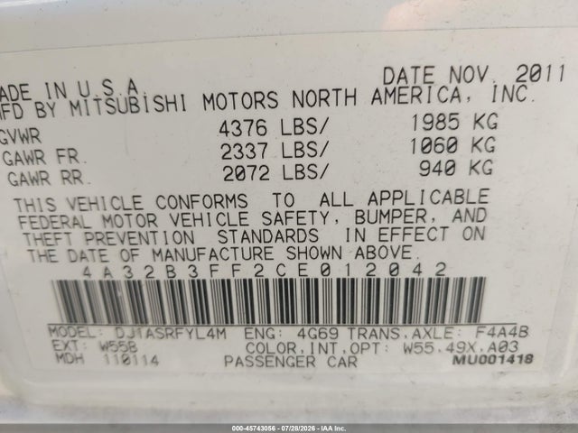 Aukcja sprzedaży 2012 Mitsubishi Galant Es/se, vin: 4A32B3FF2CE012042, numer aukcji: 45743056