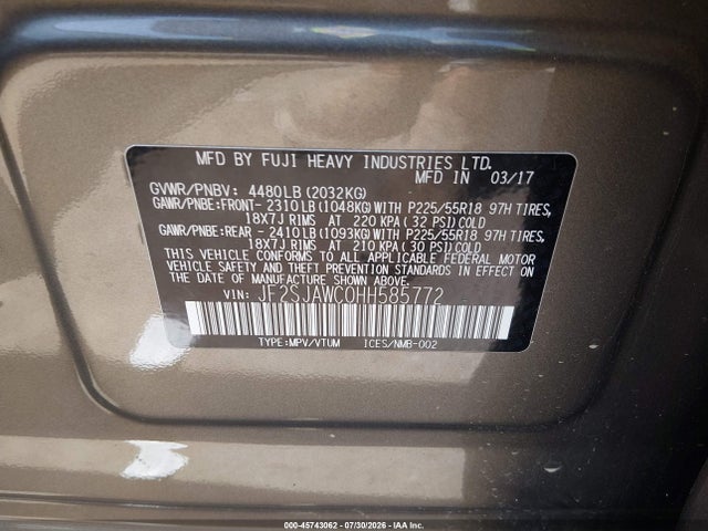 Продажа на аукционе авто 2017 Subaru Forester 2.5i Touring, vin: JF2SJAWC0HH585772, номер лота: 45743062