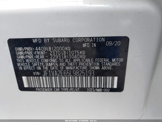 Продаж на аукціоні авто 2020 Subaru Wrx Sti, vin: JF1VA2E65L9825193, номер лоту: 45743066