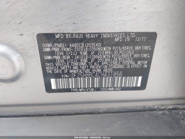 45743082 :رقم المزاد ، JF2SHBBC4CH431856 vin ، 2012 Subaru Forester 2.5x مزاد بيع
