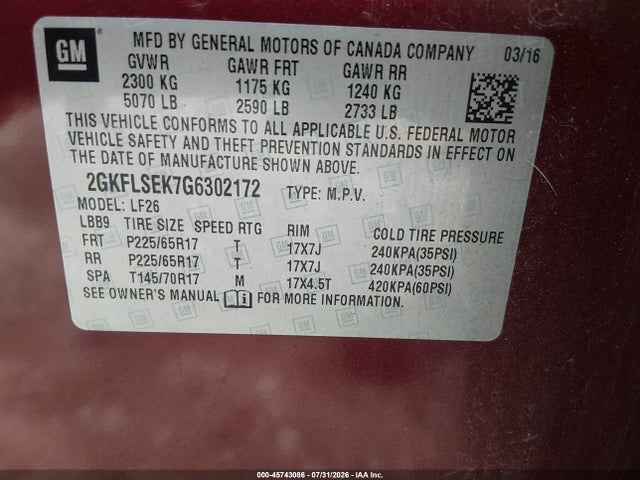45743086 :رقم المزاد ، 2GKFLSEK7G6302172 vin ، 2016 Gmc Terrain Sle-1 مزاد بيع