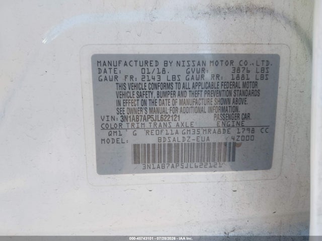 3N1AB7AP5JL622121 Nissan SENTRA SV