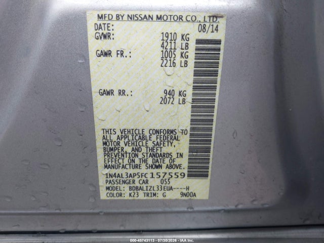 2015 Nissan Altima 2.5 Sv მანქანა იყიდება აუქციონზე, vin: 1N4AL3AP5FC157559, აუქციონის ნომერი: 45743113