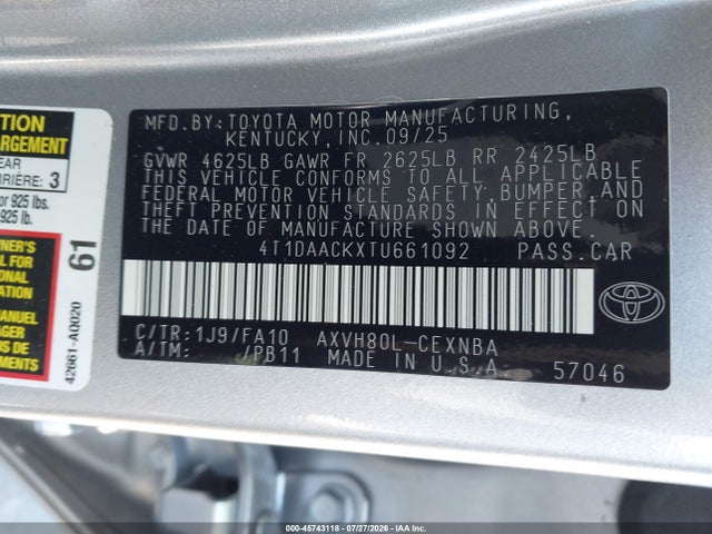 Auction sale of the 2026 Toyota Camry Le, vin: 4T1DAACKXTU661092, lot number: 45743118