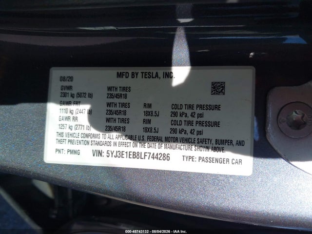 45743132 :رقم المزاد ، 5YJ3E1EB8LF744286 vin ، 2020 Tesla Model 3 Long Range Dual Motor All-wheel Drive مزاد بيع