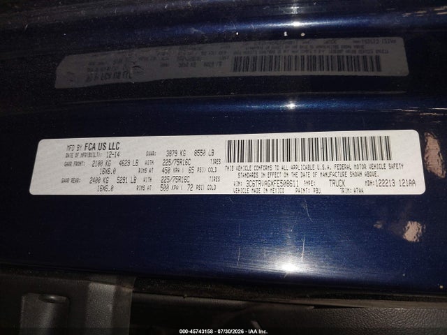 45743158 :رقم المزاد ، 3C6TRVAGXFE508611 vin ، 2015 Ram Promaster 1500 Low Roof مزاد بيع