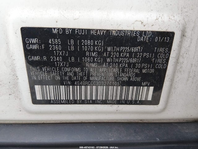 45743163 :رقم المزاد ، 4S4BRCCC3D3274105 vin ، 2013 Subaru Outback 2.5i Premium مزاد بيع
