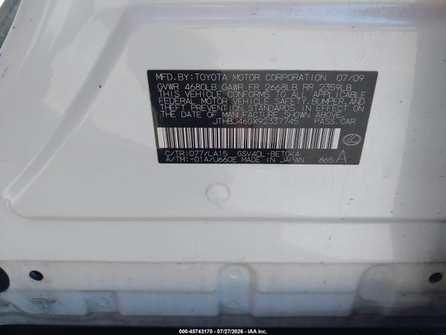 Aukcja sprzedaży 2009 Lexus Es 350, vin: JTHBJ46GX92337745, numer aukcji: 45743170