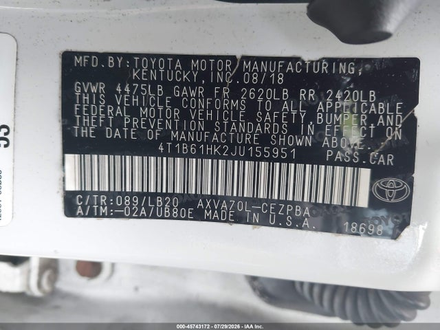 2018 Toyota Camry Xse მანქანა იყიდება აუქციონზე, vin: 4T1B61HK2JU155951, აუქციონის ნომერი: 45743172