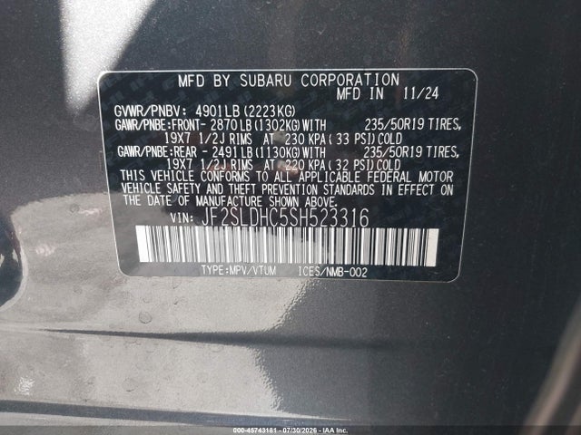 45743181 :رقم المزاد ، JF2SLDHC5SH523316 vin ، 2025 Subaru Forester Sport مزاد بيع