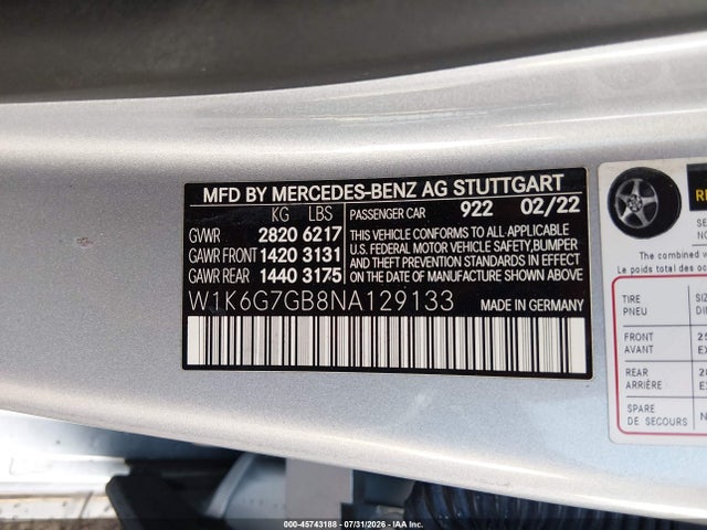 45743188 :رقم المزاد ، W1K6G7GB8NA129133 vin ، 2022 Mercedes-benz S 580 4matic مزاد بيع