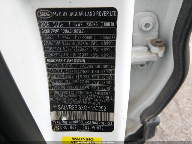 Aukcja sprzedaży 2016 Land Rover Range Rover Evoque Hse, vin: SALVR2BGXGH150252, numer aukcji: 45743199