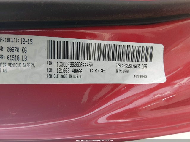 45743201 :رقم المزاد ، 1C3CDFBB2GD644450 vin ، 2016 Dodge Dart Sxt مزاد بيع