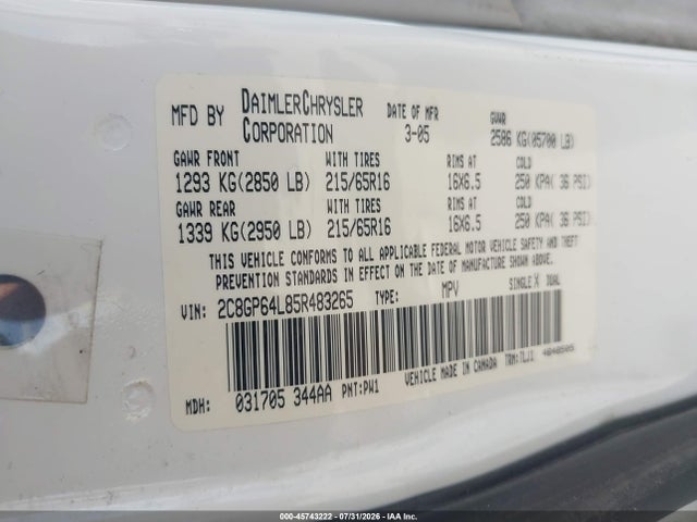 Продажа на аукционе авто 2005 Chrysler Town & Country Limited, vin: 2C8GP64L85R483265, номер лота: 45743222