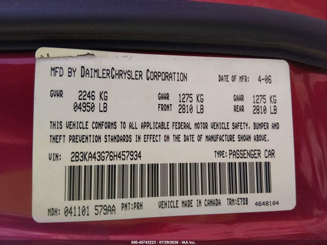 45743223 :رقم المزاد ، 2B3KA43G76H457934 vin ، 2006 Dodge Charger مزاد بيع
