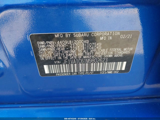 45743248 :رقم المزاد ، JF1VA1C61M9802623 vin ، 2021 Subaru Wrx Premium مزاد بيع