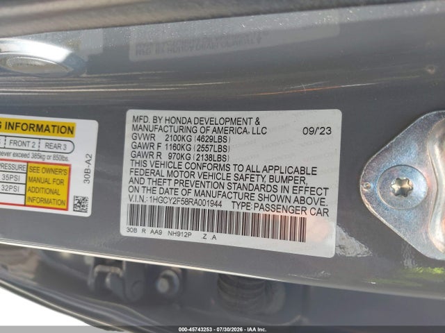Aukcja sprzedaży 2024 Honda Accord Hybrid Sport, vin: 1HGCY2F58RA001944, numer aukcji: 45743253