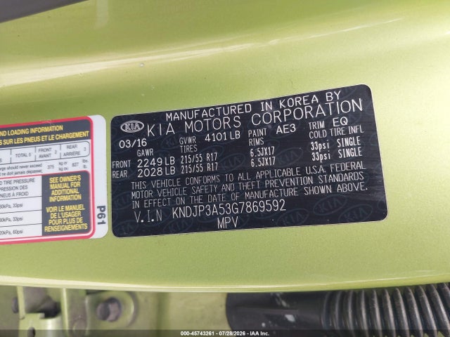 KIA SOUL + 2016 KNDJP3A53G7869592 Image 9