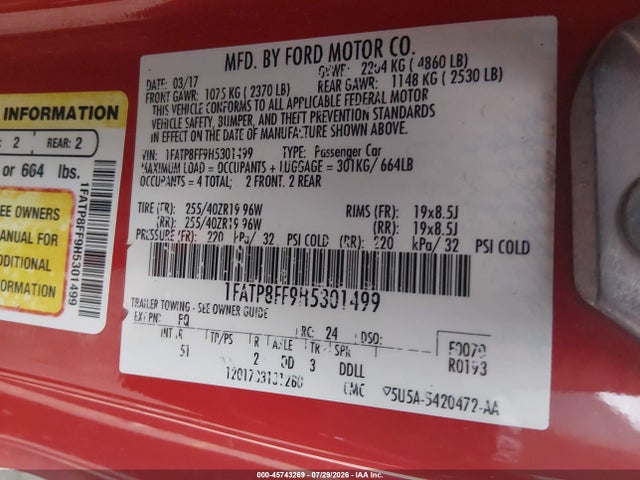 2017 Ford Mustang Gt Premium მანქანა იყიდება აუქციონზე, vin: 1FATP8FF9H5301499, აუქციონის ნომერი: 45743269