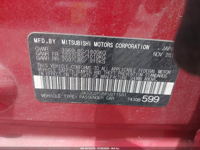 Продаж на аукціоні авто 2015 Mitsubishi Lancer Es, vin: JA32U2FU5FU011501, номер лоту: 45743279