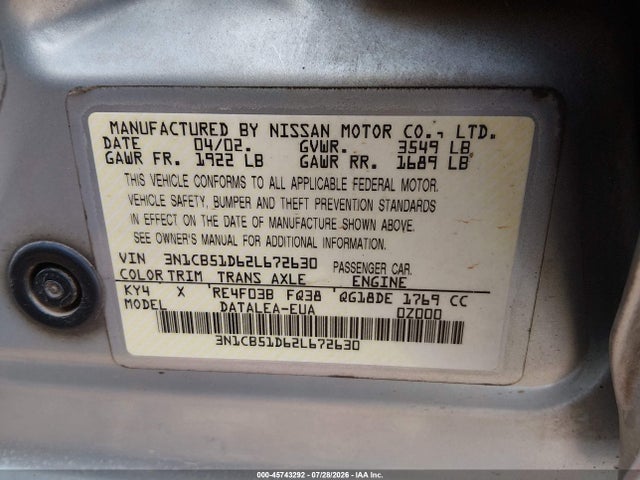 Продаж на аукціоні авто 2002 Nissan Sentra Gxe, vin: 3N1CB51D62L672630, номер лоту: 45743292